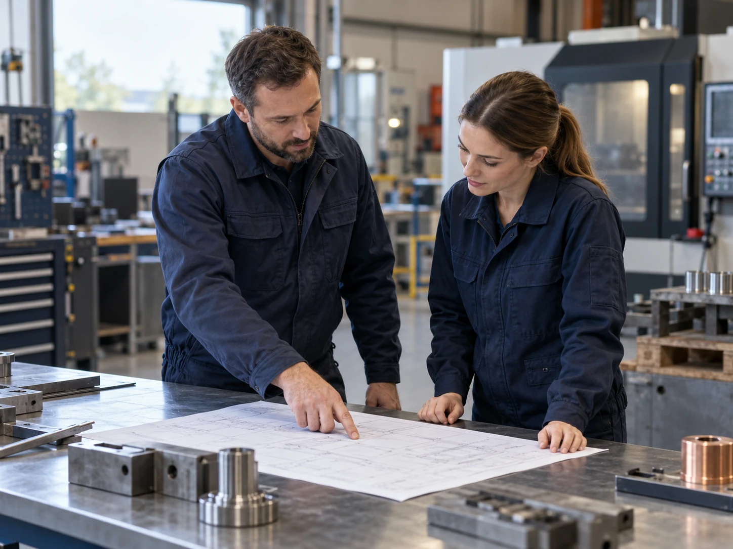 Two industrial professionals reviewing a technical drawing together in a manufacturing workshop.